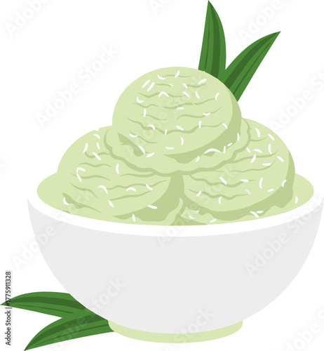 Flat Illustration of Pandan Ice Cream in a Bowl with Leaf Garnish