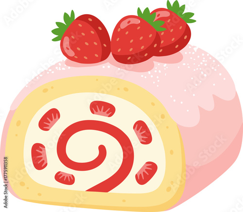 Sweet Delicious Cartoon Strawberry Swiss Roll Slice Cake Dessert Pastry