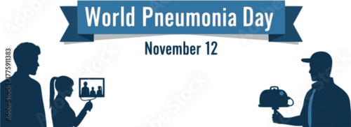 Minimalist blue vector poster for World Pneumonia Day, highlighting human lungs, medical icons, and health awareness against pneumonia and respiratory infections