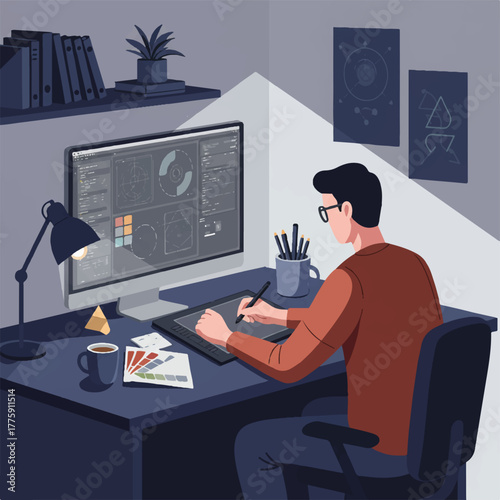 Flat 2D vector illustration of a creative professional holding a stylus over a digital tablet, working late at a messy desk illuminated by the glowing computer monitor.