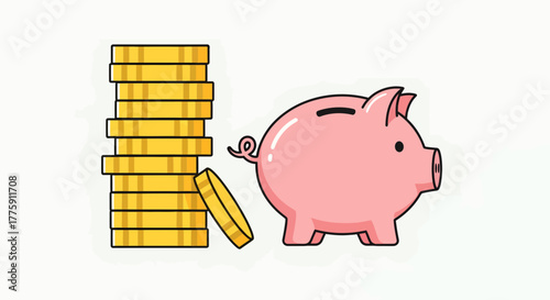 Simple Illustration of Piggy Bank and Stack of Gold Coins