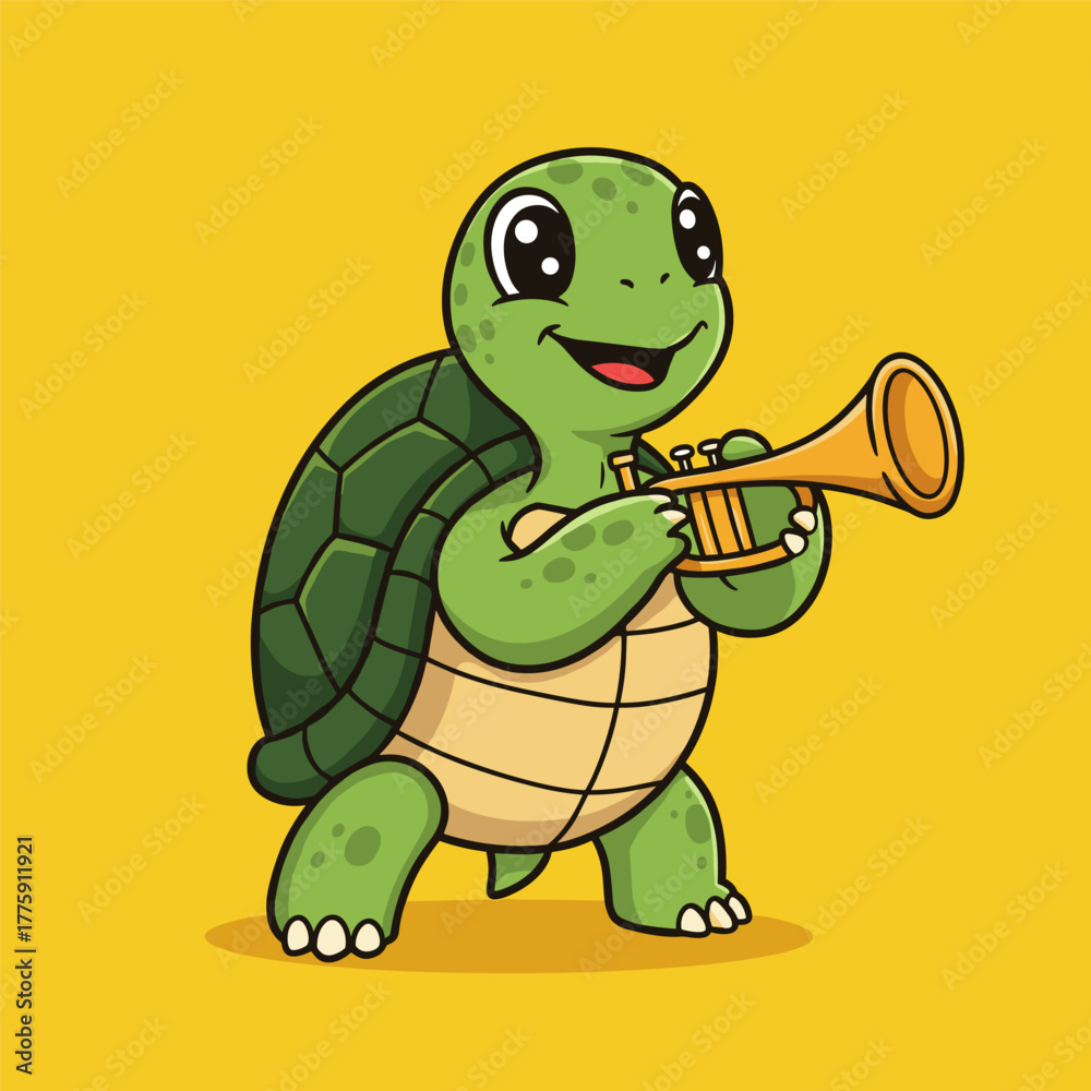 Fototapeta premium Cute green cartoon turtle mascot playing a trumpet instrument over a vibrant yellow background.