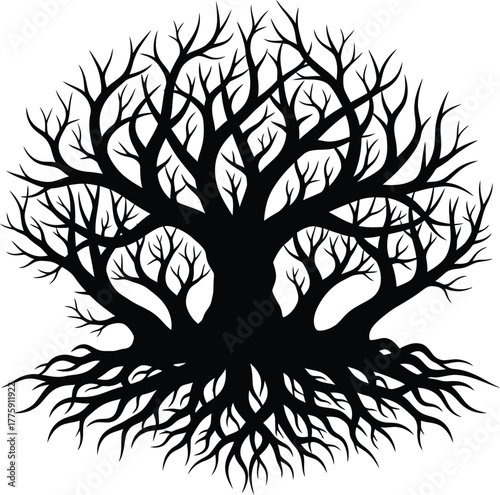 Stylized silhouette of a large ancient tree with intricate branches and visible roots against a white background