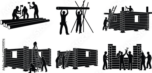 Silhouette vector illustration of workers building log cabin, lifting timber, stacking logs, installing windows, teamwork, safety, construction, repair, maintenance, and industry