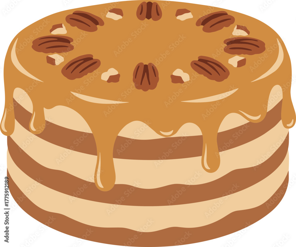 Fototapeta premium Flat Illustration Layered Pecan Cake with Caramel Drizzle and Nuts Dessert