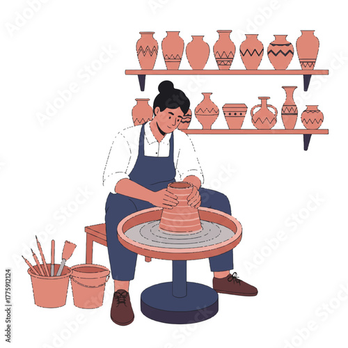 Detailed vector illustration showing an artisan craftsperson carefully molding a clay vessel on a spinning pottery wheel, with finished ceramic works drying on shelves in a minimalist studio.