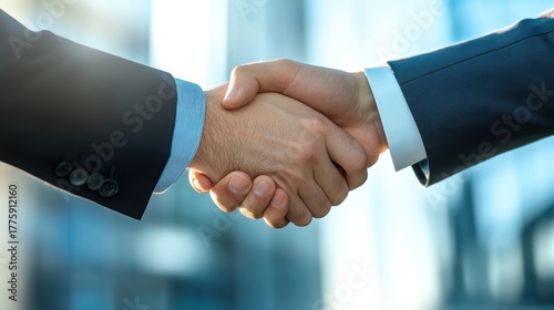 Corporate handshake between manager and client showing trust and agreement. Bright daylight. Minimalist office background.
