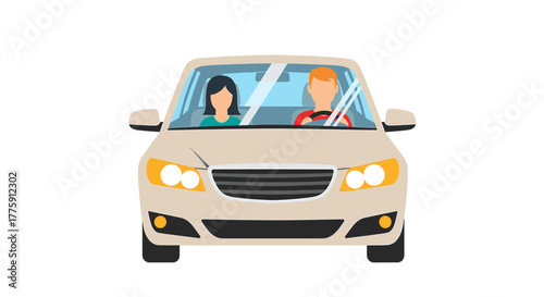 Couple driving in a modern car with headlights on, perfect for automotive ads or travel promotions featuring safe and stylish transportation