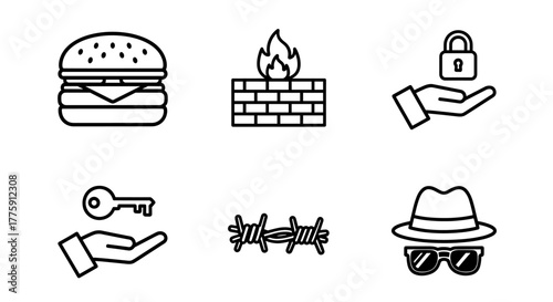 Modern minimalist icons of burger, firewall, security, key, barbed wire, and spy for website or app design with a clean and contemporary aesthetic