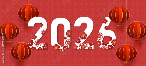Chinese New Year 2026 celebration with flowers and lanterns. Vector illustration