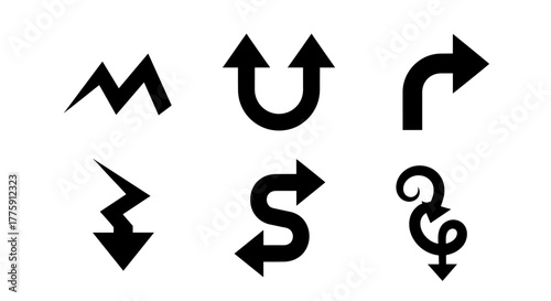Dynamic collection of modern black arrows and directional symbols offering clear visual cues for navigation and progress