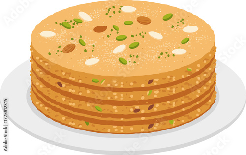 Detailed Illustration of Sohan Halwa Dessert with Toppings and Plate