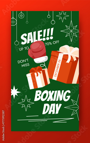 Boxing day sale vector banner template. Cute holiday vertical design. Bright color graphic poster layout. Big red glove, wrapped gift boxes with ribbon icons. Winter discounts ads. Social media story