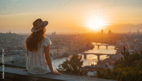 Back view of Tourist woman admiring view of colorful the view of the city. Europe travel. Lifestyle, vacation, rest, active life. Ai Generative.