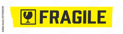 黄色いテープに割れたグラスのアイコンとFRAGILEの文字 - 割れもの注意のメッセージのシール素材
