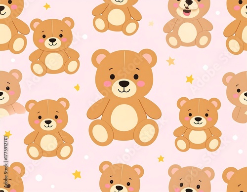 Playful repeated pattern of cuddly brown teddy bears on a pink backdrop