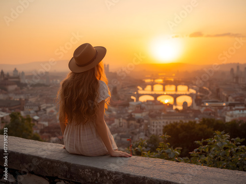 Back view of Tourist woman admiring view of colorful the view of the city. Europe travel. Lifestyle, vacation, rest, active life. Ai Generative.