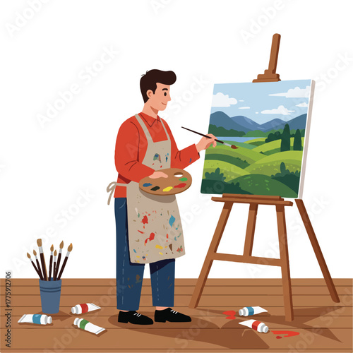 Simplified flat vector of a focused male artist wearing a protective smock, intensely painting a vibrant landscape on an easel with oil paint tubes and brushes scattered on the floor.