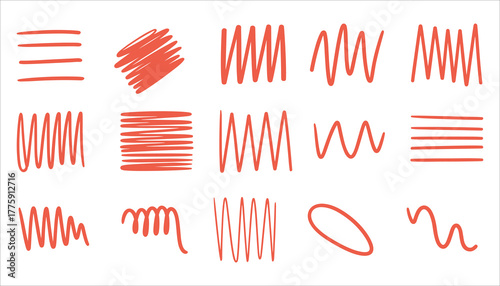 Collection of hand drawn coral red scribbles lines waves and oval shapes on white background vector
