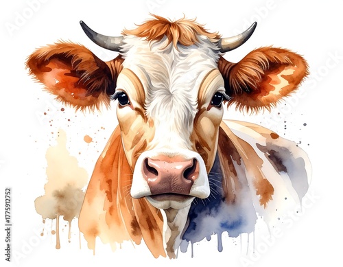 Portrait of a cow with detailed features and watercolor effects