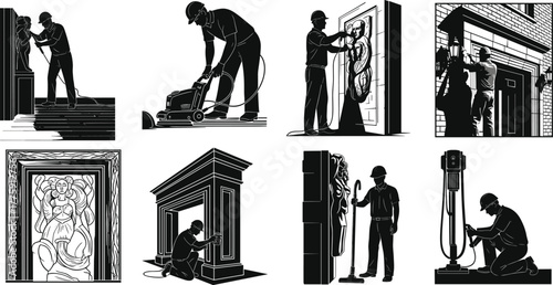 Silhouette vector illustration of workers chiseling stone, polishing floors, carving designs, inspecting walls, wiring systems, repairing structures, teamwork, safety, and industry