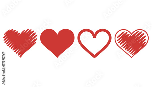 Four red hearts with different textures and styles on a white background love symbol