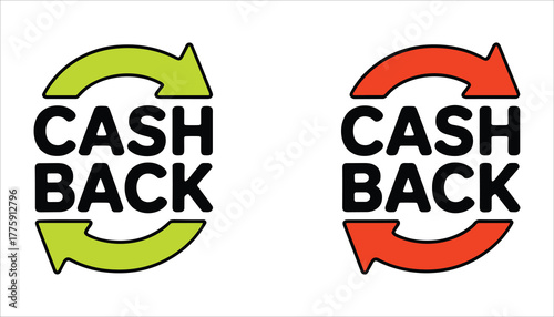 Two cash back icons one green one red with circular arrows and black text money refund