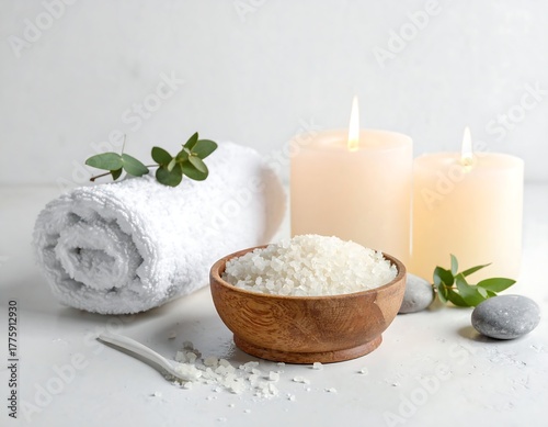 Relaxing spa scene with candles, bowl of salt, towel, and greenery