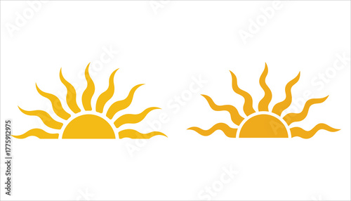 Two stylized yellow sun icons with wavy rays on a white background sunrise sunset