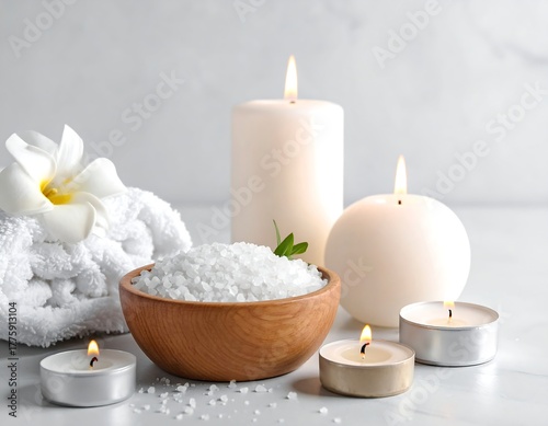 Serene spa scene with candles, salt, flower, and a white towel