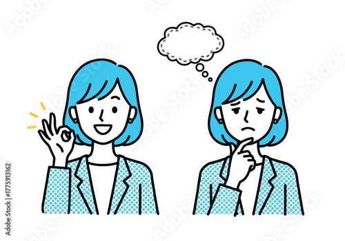 Woman showing ok sign next to pensive woman thinking speech bubble business professional poses - Flat Vector Illustration. Colored vector illustration