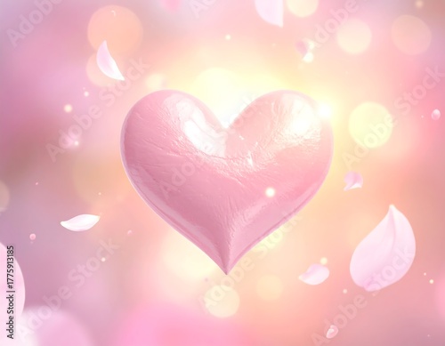 Soft pink heart with falling petals and a blurred background