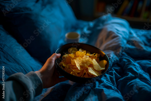 Cozy person relaxing in bed at night eating potato chips from a bowl