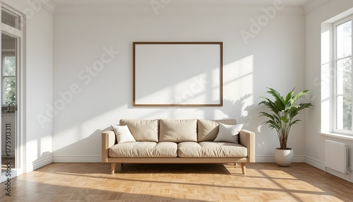 Blank frame hanging on white wall over wooden sofa on parquet floor in sunlit room of modern house.
