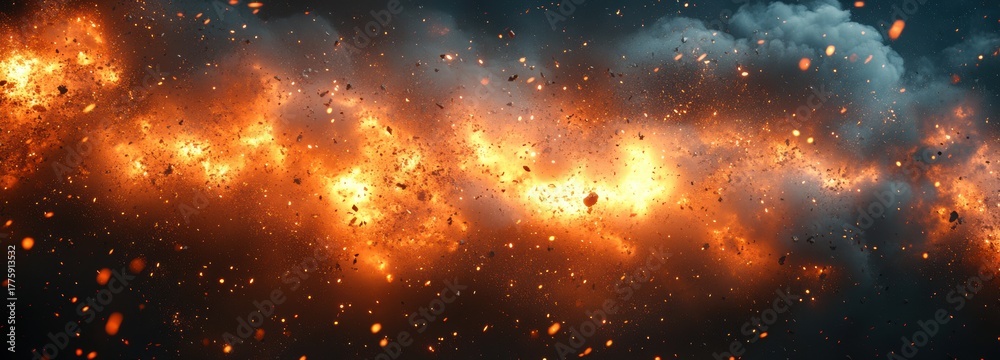 Naklejka premium Fiery explosion of debris and dust particles against a dark, cloudy sky background