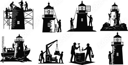Silhouette vector illustration of workers constructing and repairing lighthouses with scaffolding, ladders, cranes, boats, teamwork, safety, architecture, engineering, maritime, and industry