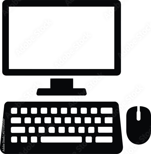 Simple black and white illustration of a computer monitor keyboard and mouse