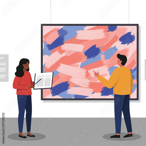 Flat 2D vector illustration shows diverse museum patrons standing and discussing a brightly colored abstract painting in a minimalist, clean art gallery environment.