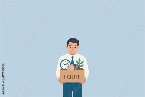 Flat vector illustration of a sad businessman holding a box labeled “I QUIT” with office items inside, symbolizing job resignation or leaving work. Vector illustration.