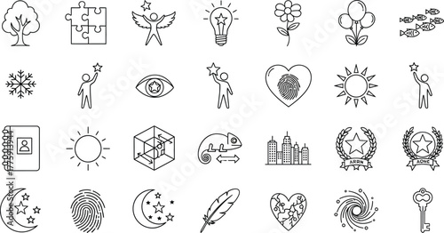 Icon Set Thin Line Style, Tree, Puzzle, Angel, Lightbulb, Flower, Balloons, Fish, Sun