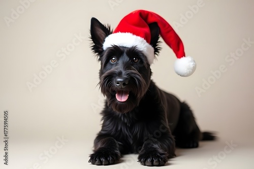 simple A black Scottish Terrier sits in red Santa hat with funny facial expression.A festive Christmas  holiday portrait  on simple background