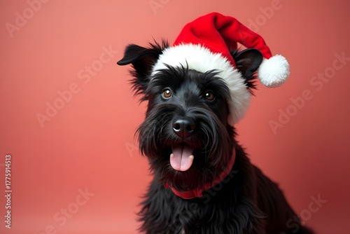 simple A black Scottish Terrier sits in red Santa hat with funny facial expression.A festive Christmas  holiday portrait  on a simple background