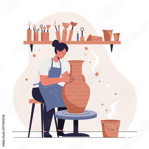 A dedicated ceramicist is focused intently on shaping a tall clay vase on a spinning pottery wheel inside a bright workshop, illustrated in a clean 2D flat vector style with simplified outlines.