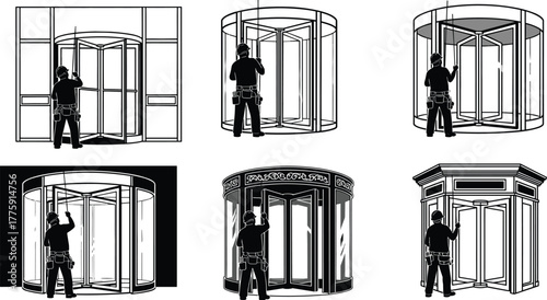 Silhouette vector illustration of workers inspecting revolving doors, performing maintenance, installation, architecture design, safety, building entrance, engineering, repair, and industry
