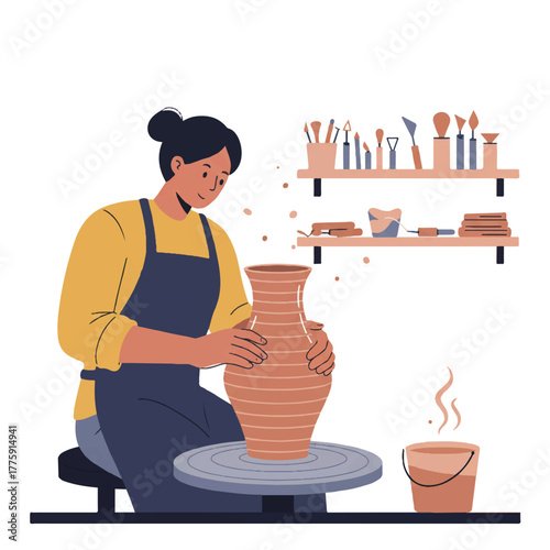 Focused ceramicist shaping a tall clay vase on a spinning pottery wheel in a clean workshop setting, rendered in a simplified flat 2D vector illustration style.