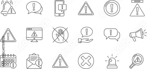 Isolated Alert Icons Set with Exclamation Signs on White Background in Line Style