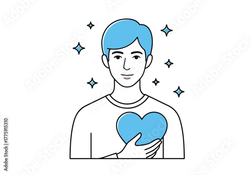 Young man holding blue heart symbol gratitude love care self esteem wellbeing - Flat Vector Illustration. Colored vector illustration