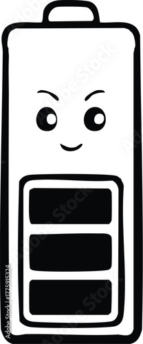 Playful hand-drawn battery icon depicting a cheerful power cell with a determined facial expression, indicating energy levels and charging progress in a whimsical doodle graphic