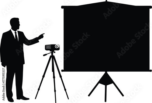 Businessman presenting with projector screen silhouette vector