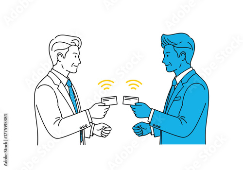 Two businessmen exchanging business cards communication networking professional handshake corporate meeting - Flat Vector Illustration. Colored vector illustration